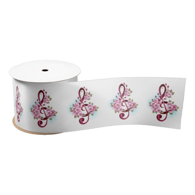 Ruban En Satin Musical treble clef notes with sakura flowers (Bobine)