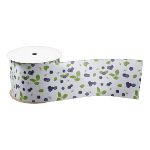 Ruban En Satin Myrtilles Aquarelle Fleurs de Myrtille Feuillage