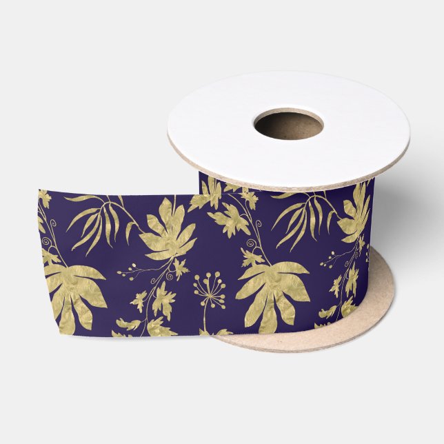 Ruban En Satin Navy Blanc Vert Feuille D'or Mariage Printemps  (Bobine)