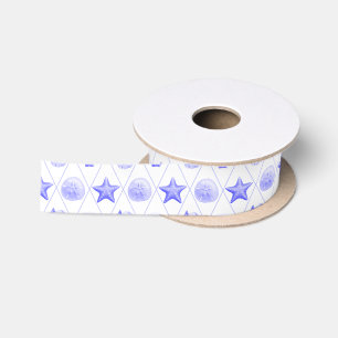 Ruban En Satin Navy Blue Coastal Seashells Starfish