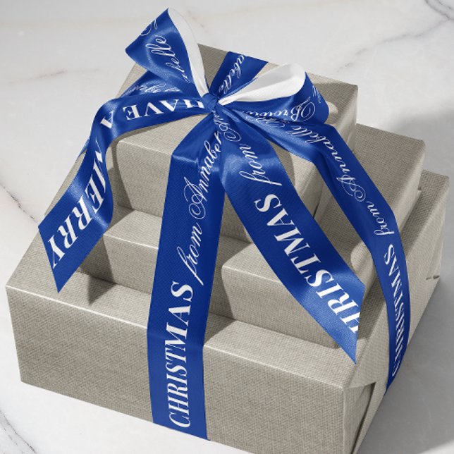 Ruban En Satin Navy Blue White Mixed Font Merry Christmas Gift (cobalt blue personalized name Merry Christmas gift wrapping satin ribbon)