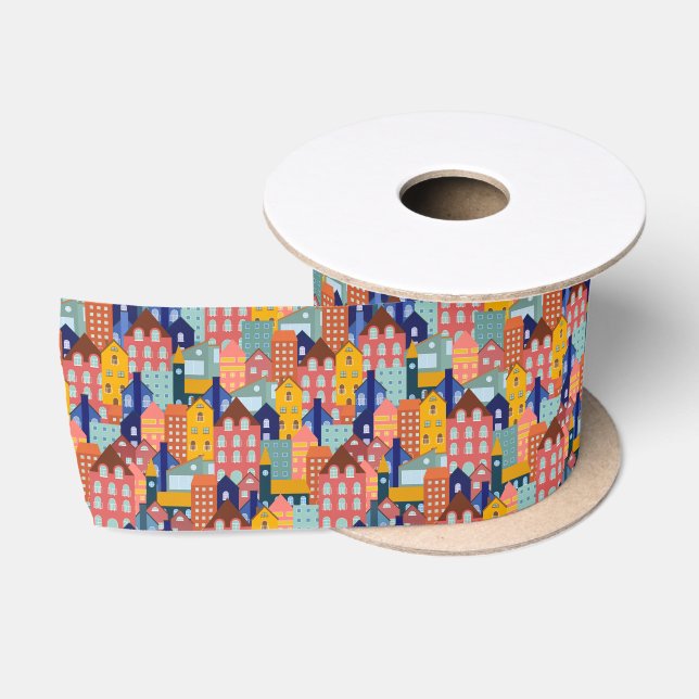 Ruban En Satin Neighborhood Block City Houses Pattern (Bobine)