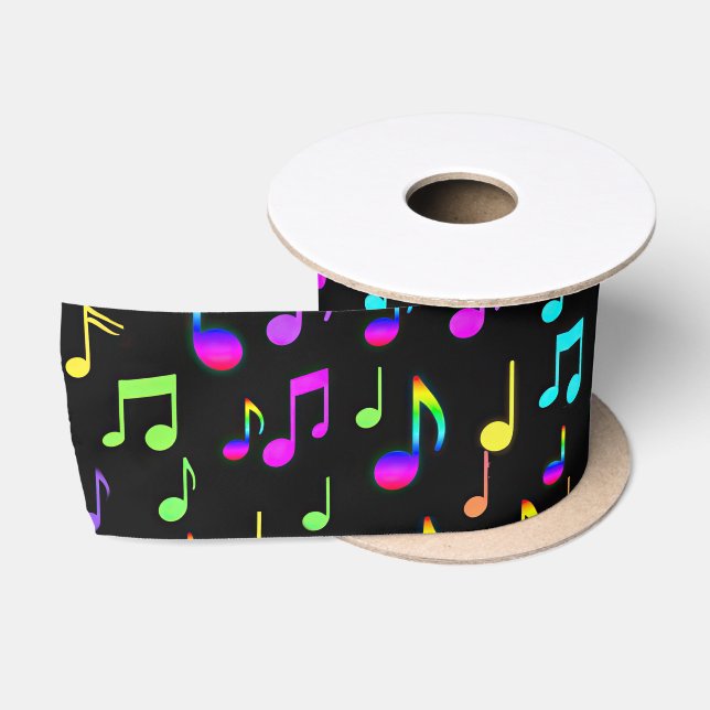 Ruban En Satin Neon Rainbow Notes musicales sur Black (Bobine)