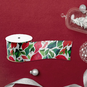 Ruban En Satin Noël aquarelle feuilles rouges et vertes élégantes