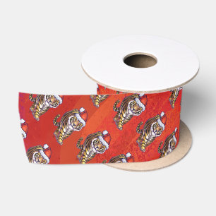 Ruban En Satin Noël de tigre sur le rouge