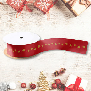 Ruban En Satin Noël Gold Stars Motif Rouge