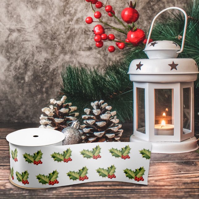 Ruban En Satin Noël Holly Feuilles & Berries (Créateur téléchargé)