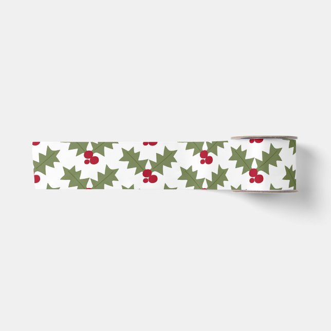 Ruban En Satin Noël Holly Red Berries Feuilles verts (Devant)