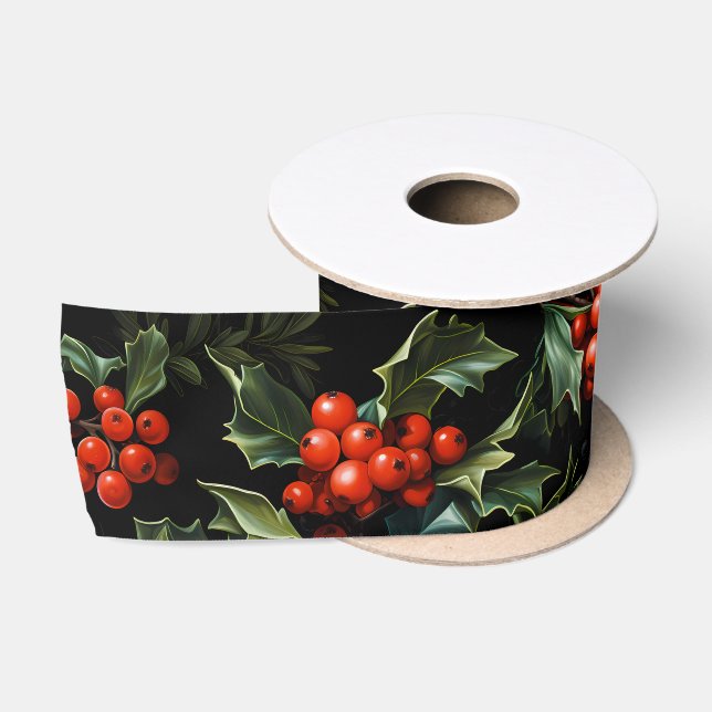 Ruban En Satin Noël/Vacances Vibrant Berries rouges & Feuilles (Bobine)