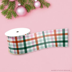 Ruban En Satin Noël Vert Rose Rouge Carreaux