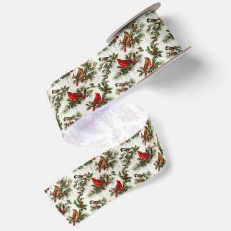 Ruban En Satin Noël Vintage Oiseaux d'Hiver