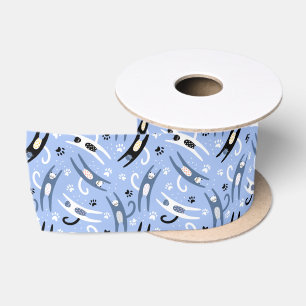 Ruban En Satin Noir Blanc Bleu amusant Motif de chat