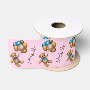 Ruban En Satin Nom personnalisé Cute Bear Gold Blue Ballons