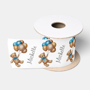 Ruban En Satin Nom personnalisé Cute Bear Gold Blue Ballons