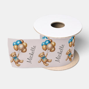 Ruban En Satin Nom personnalisé Cute Bear Gold Blue Ballons