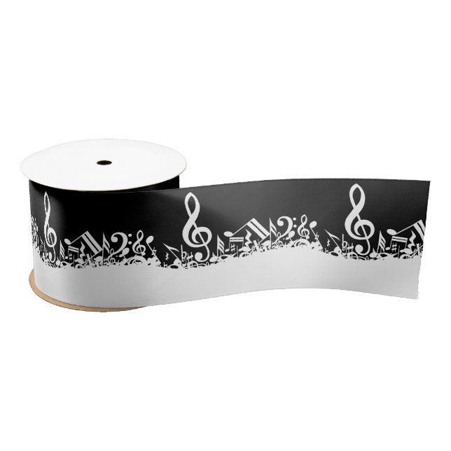 Ruban En Satin Notes musicales brouillées blanches sur le noir (Bobine)