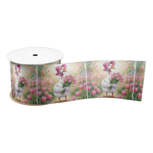 Ruban En Satin Oie Blanche Avec Tulipes Roses