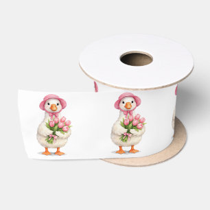 Ruban En Satin Oie blanche tenant un bouquet de tulipes roses