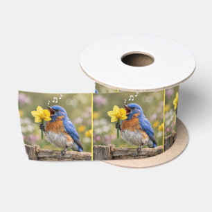 Ruban En Satin Oiseau bleu chantant dans un narcisse jaune