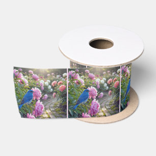 Ruban En Satin Oiseau bleu sur une pivoine rose