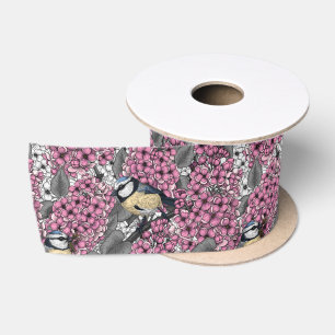 Ruban En Satin Oiseaux dans le jardin lilas rose