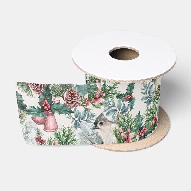 Ruban En Satin Oiseaux de Noël et pins floraux (Bobine)