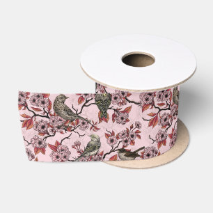 Ruban En Satin Oiseaux et fleurs de cerisier sur fond rose saumon