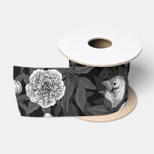 Ruban En Satin Oiseaux et fleurs de pivoines monochromes, gris