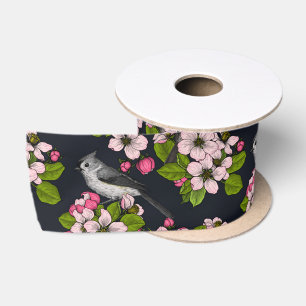 Ruban En Satin Oiseaux et fleurs en noir