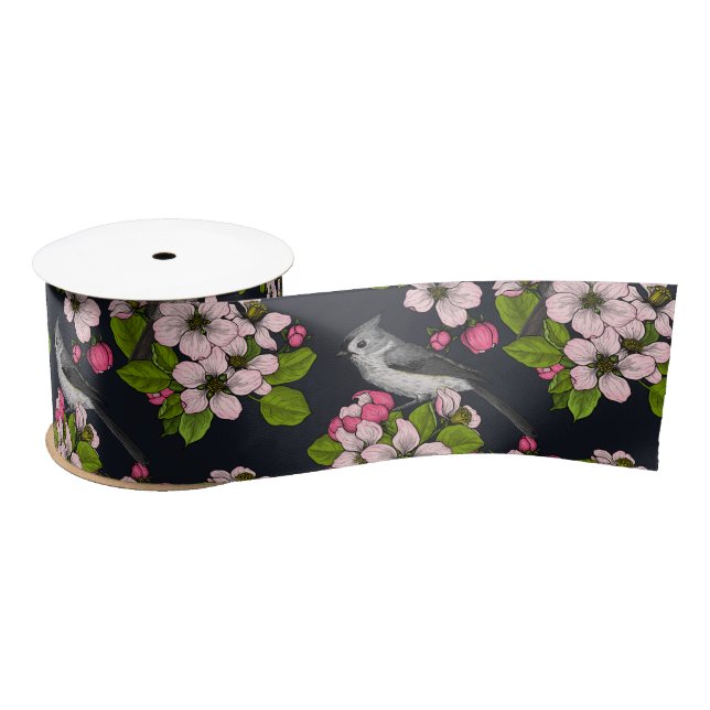 Ruban En Satin Oiseaux et fleurs en noir (Bobine)