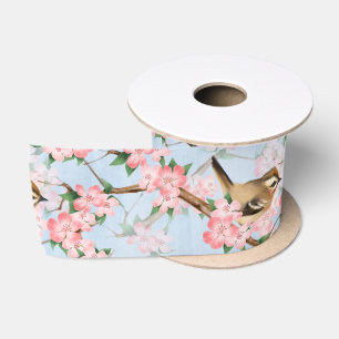 Ruban En Satin Oiseaux et fleurs. motif de printemps
