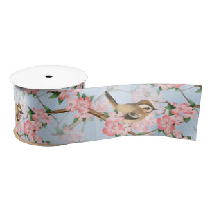 Ruban En Satin Oiseaux et fleurs. Motif de Spring