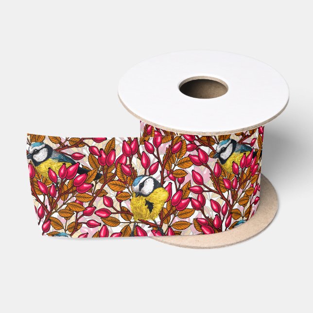Ruban En Satin Oiseaux et hanches roses de chien (Bobine)