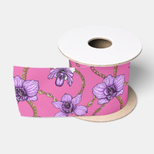 Ruban En Satin Orchidées et chaînes, violet et rose