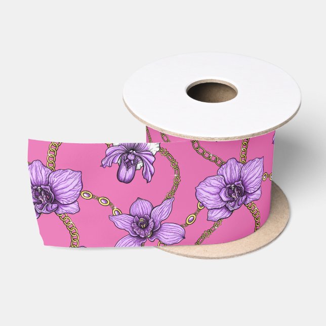 Ruban En Satin Orchidées et chaînes, violet et rose (Bobine)