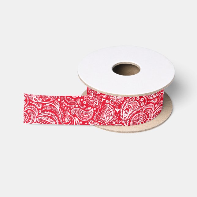 Ruban En Satin Paisley florale blanche et rouge (Bobine)