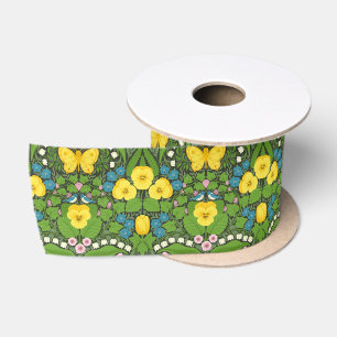 Ruban En Satin Pansies jaunes, oiseaux et papillons