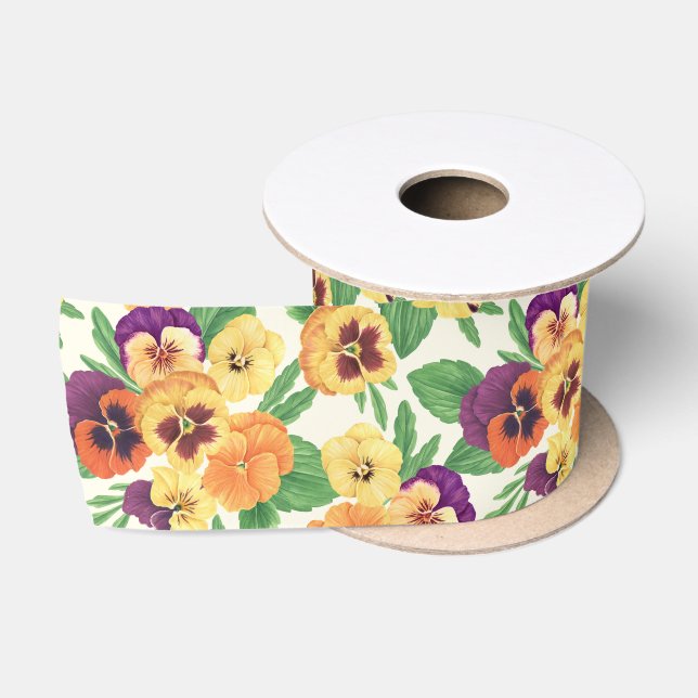 Ruban En Satin Pansies sur blanc cassé (Bobine)