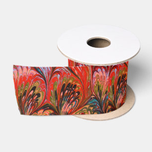 RUBAN EN SATIN PAPIER MARBÉ, MOTIF ABSTRAIT ROUGE BLEU PEACOCK