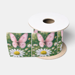 Ruban En Satin Papillon rose girly et marguerite blanche