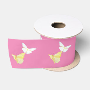 Ruban En Satin Papillons blancs et jaunes clairs volant rose