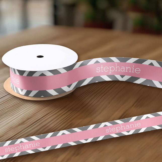 Ruban En Satin Pastel Pink et Grey Chevrons Nom personnalisé (Custom Ribbon - add your personalized text)