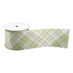 RUBAN EN SATIN PASTEL VERT TAN BLANC MOTIFS PLAID