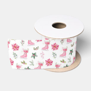 Ruban En Satin Patins à glace roses floraux de Noël