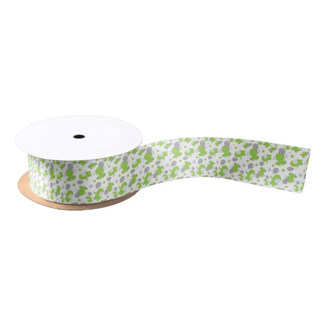 Ruban En Satin Pattern of Green Elephants, Cute Elephants, stars (Bobine)