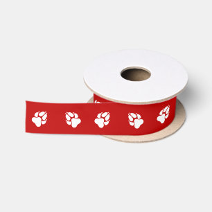 Ruban En Satin Pattes de chien blanches simples sur un fond rouge