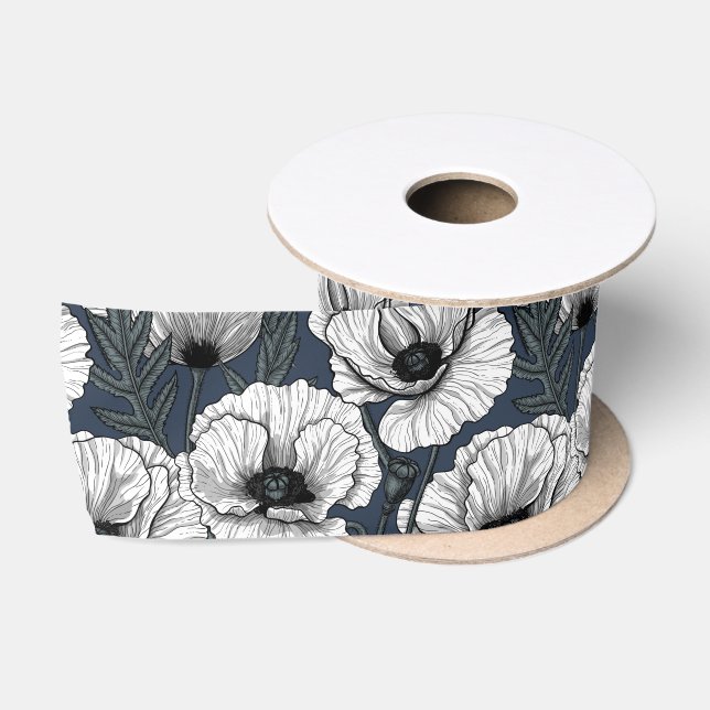 Ruban En Satin Pavot blanc sur la marine (Bobine)