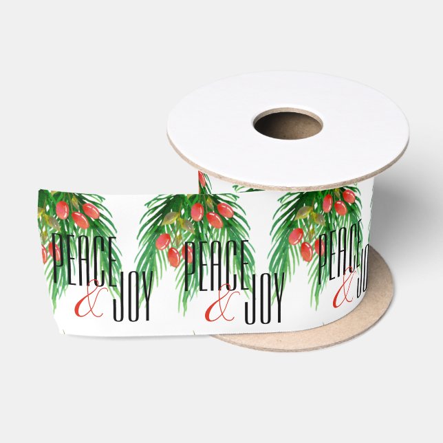 Ruban En Satin Peace And Joy Red Berries Feuille Motif de Noël (Bobine)