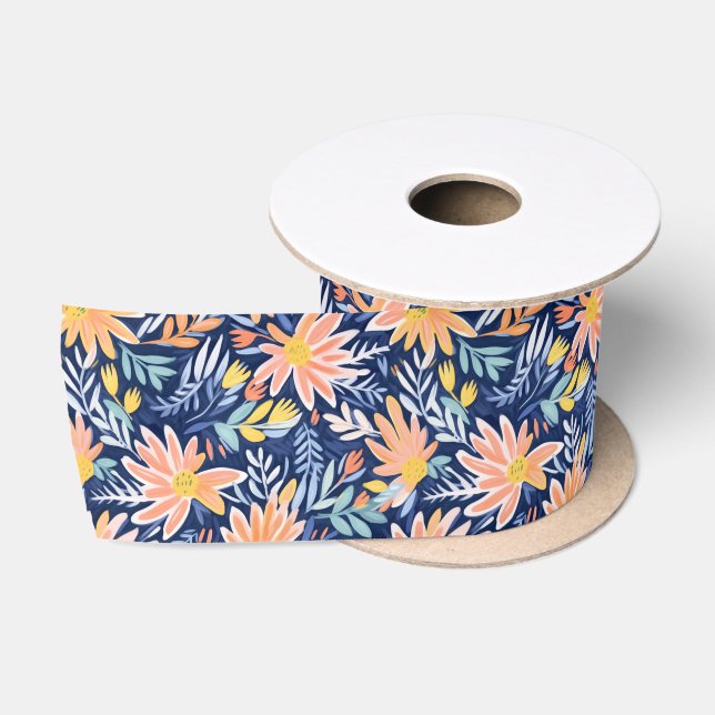 Ruban En Satin Pêcher bleu folk floral (Bobine)