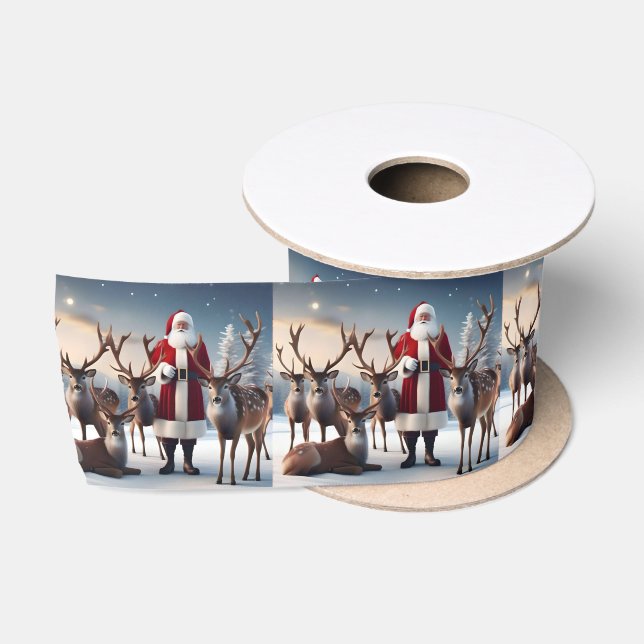 Ruban En Satin Père Noël Posant Avec Ses Rennes, (Bobine)